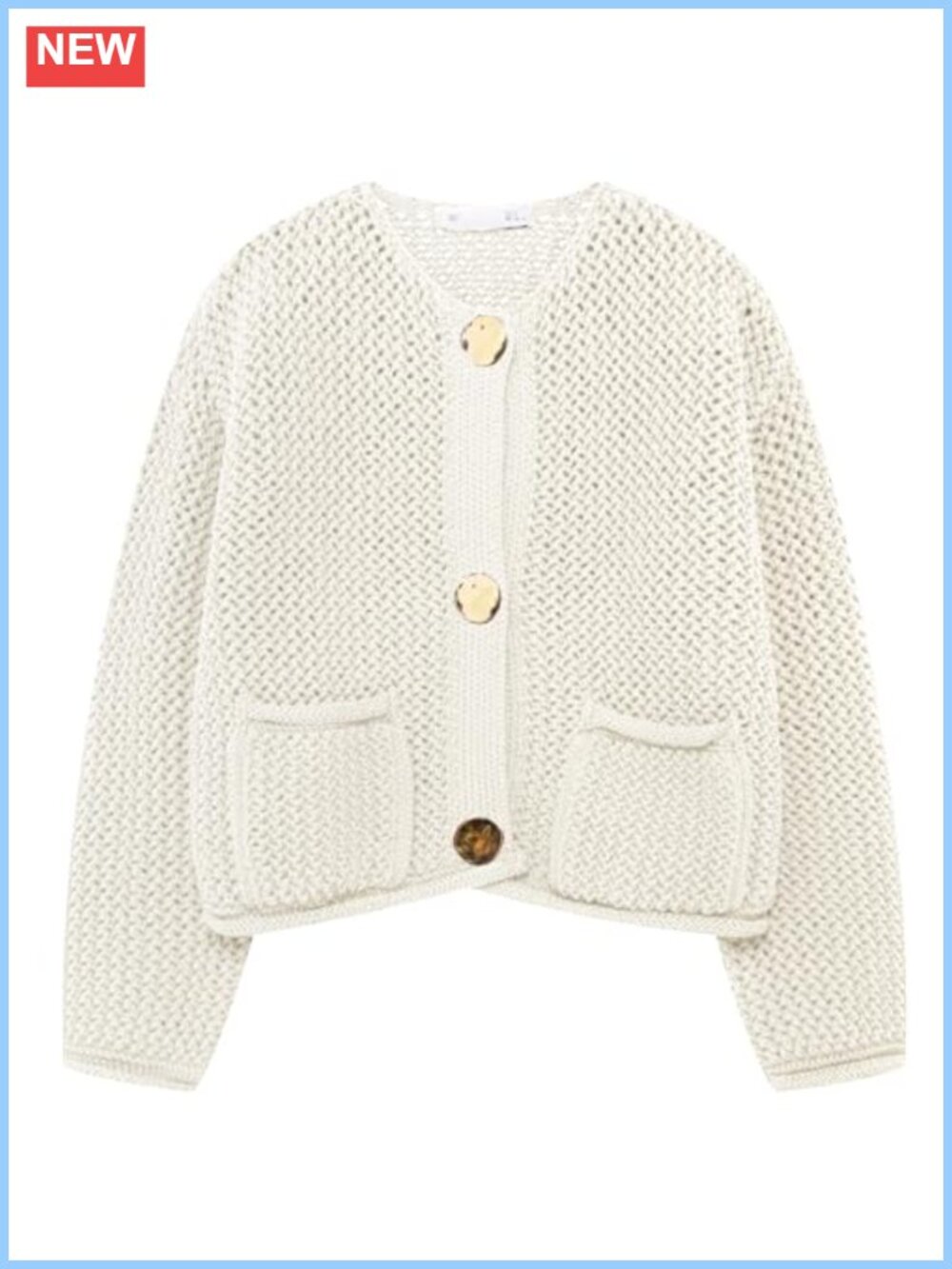 Womens Cropped Chunky Knit Cardigan Gold Button Open Front Long Sleeve